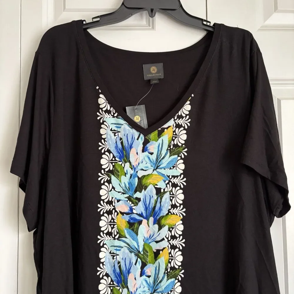 JM Collection Deep Black Floral V-Neck Short Sleeve Tee Top. Size 3X Tunic